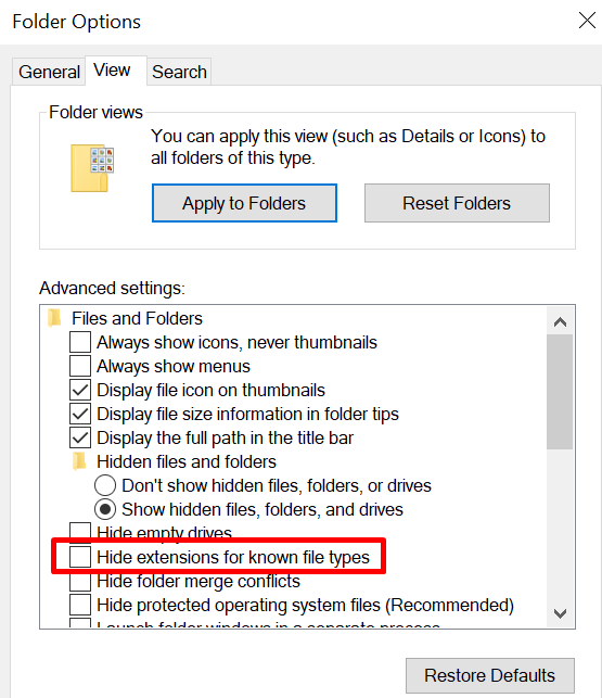 Folder options Unhide extensions 